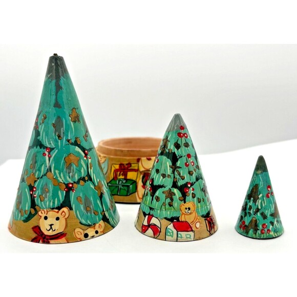 Dept 56 Wooden Nesting Christmas Trees Toys Set of 3 Handpainted Vintage - Picture 7 of 16